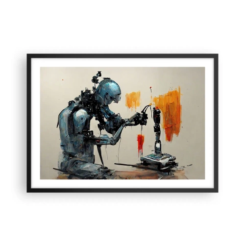 Affiche dans un cadre noir - Poster - Robot au travail avec un arrière-plan abstrait - 70x50cm - Déjà demain… - Décoration murale moderne pour le salon et la chambre ARTTOR