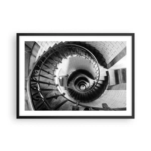 Affiche dans un cadre noir - Poster - Photographie en noir et blanc d'un escalier en colimaçon avec une perspective de haut en bas - 70x50cm - De plus en plus haut - Décoration murale moderne pour le salon et la chambre ARTTOR
