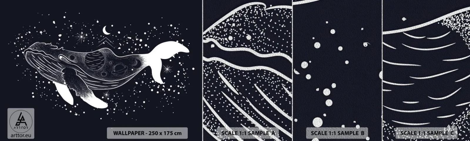 Échantillon de Papier Peint Premium Sand - Dans l'océan de l'univers - Abstraction, Baleine, Noir et blanc - 100x30 cm