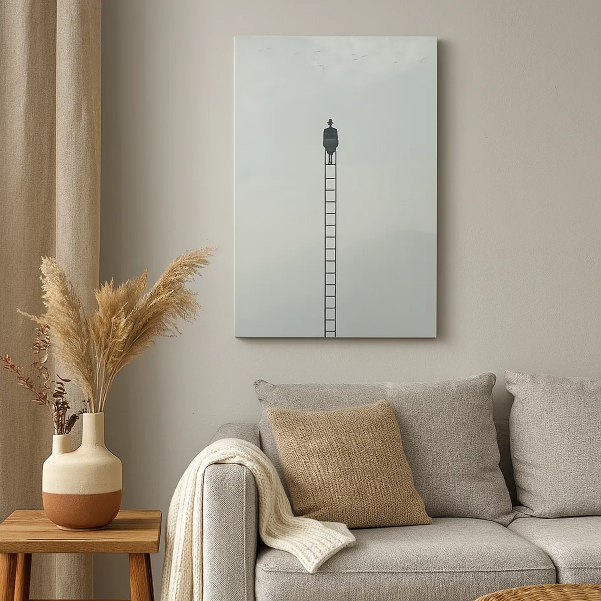 Impression sur toile - Image sur toile - Un homme sur une échelle s'élevant vers le ciel - 50x70cm - Se soulever au-dessus - Décoration murale moderne pour le salon et la chambre ARTTOR