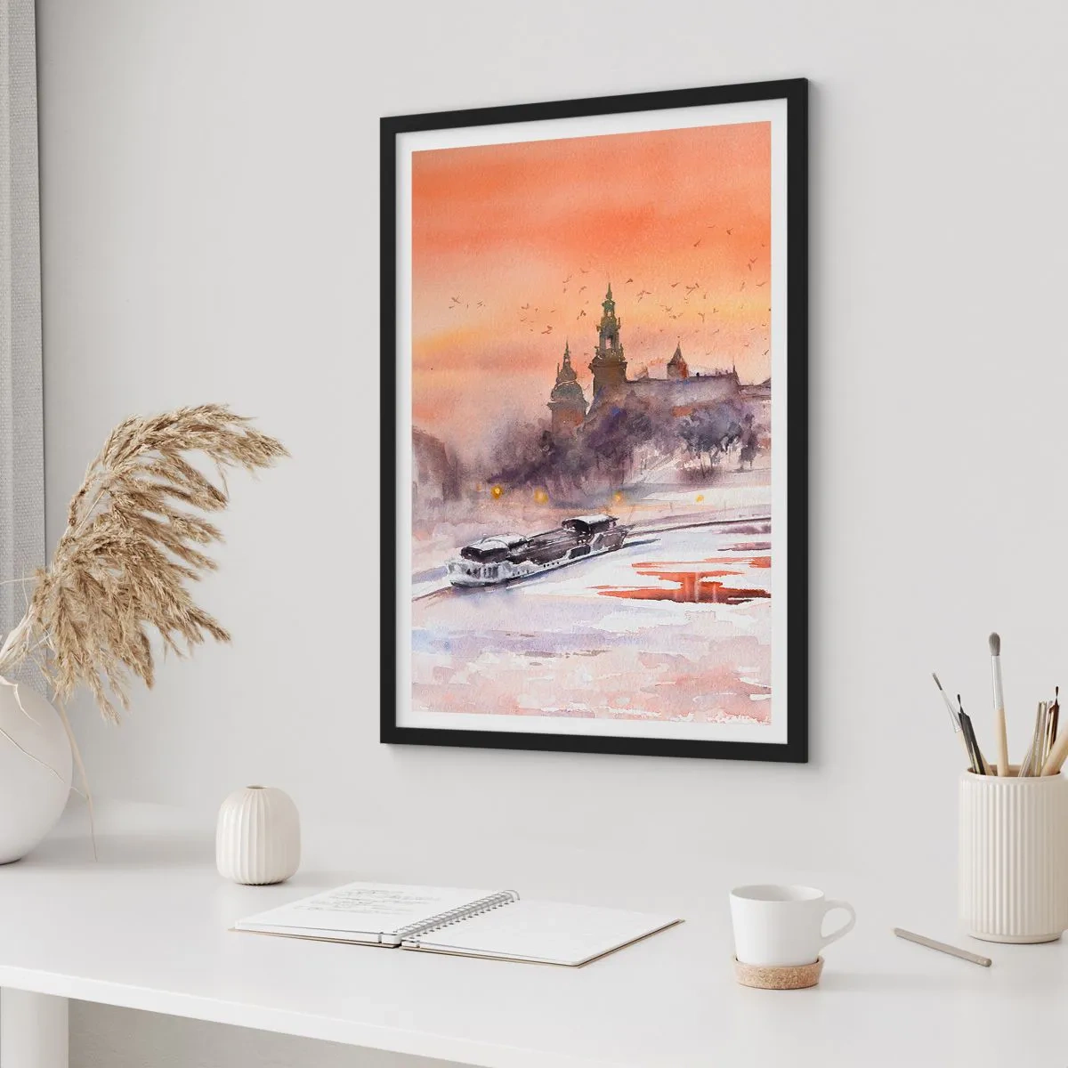 Affiche dans un cadre noir - Poster - Paysage urbain à l'aquarelle au coucher du soleil - 50x70cm - Coucher de soleil royal - Décoration murale moderne pour le salon et la chambre ARTTOR