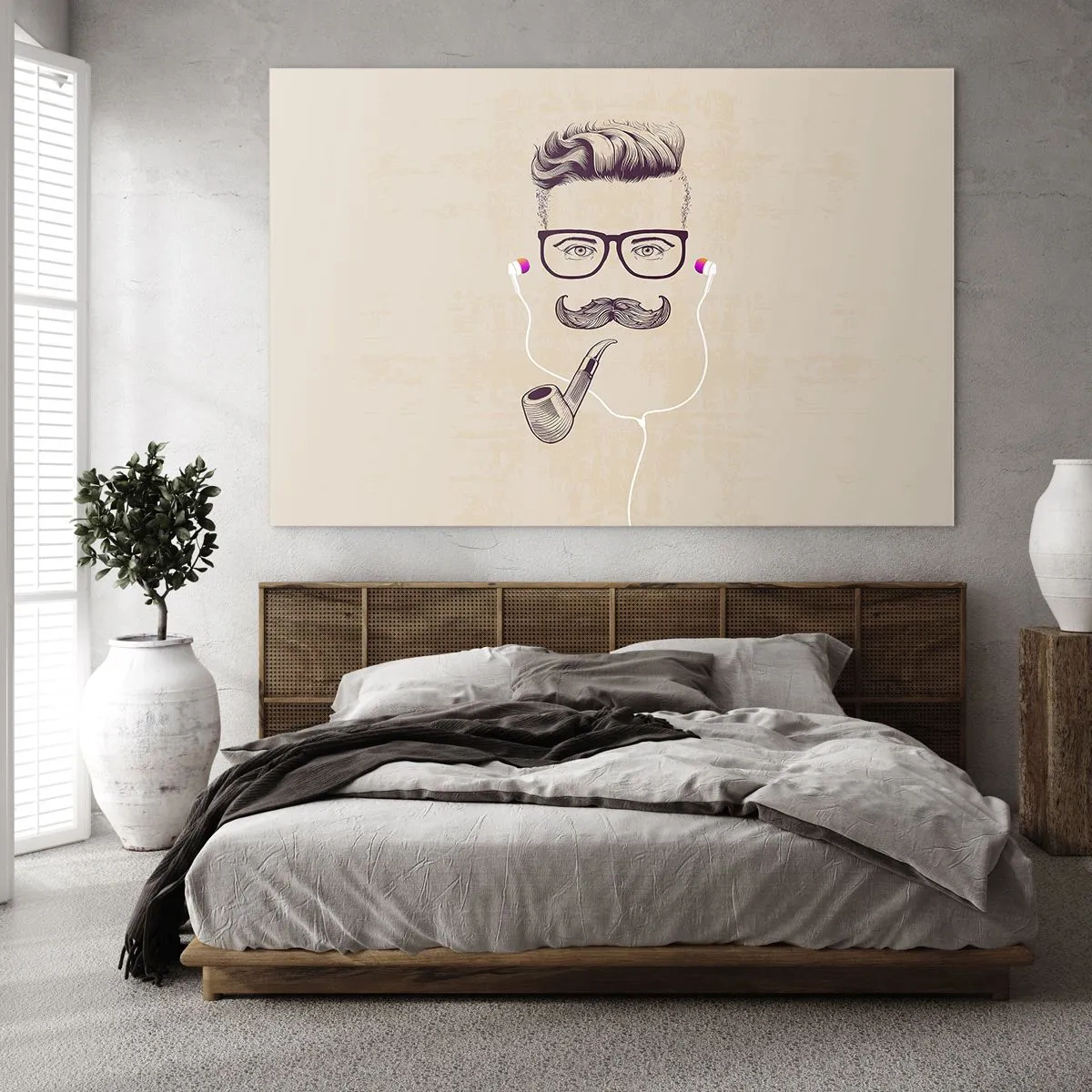 Impression sur verre - Image sur verre - Un dessin d'un homme stylisé avec des lunettes, une moustache et une pipe. - 100x70cm - Un vrai homme? - Décoration murale moderne pour le salon et la chambre ARTTOR