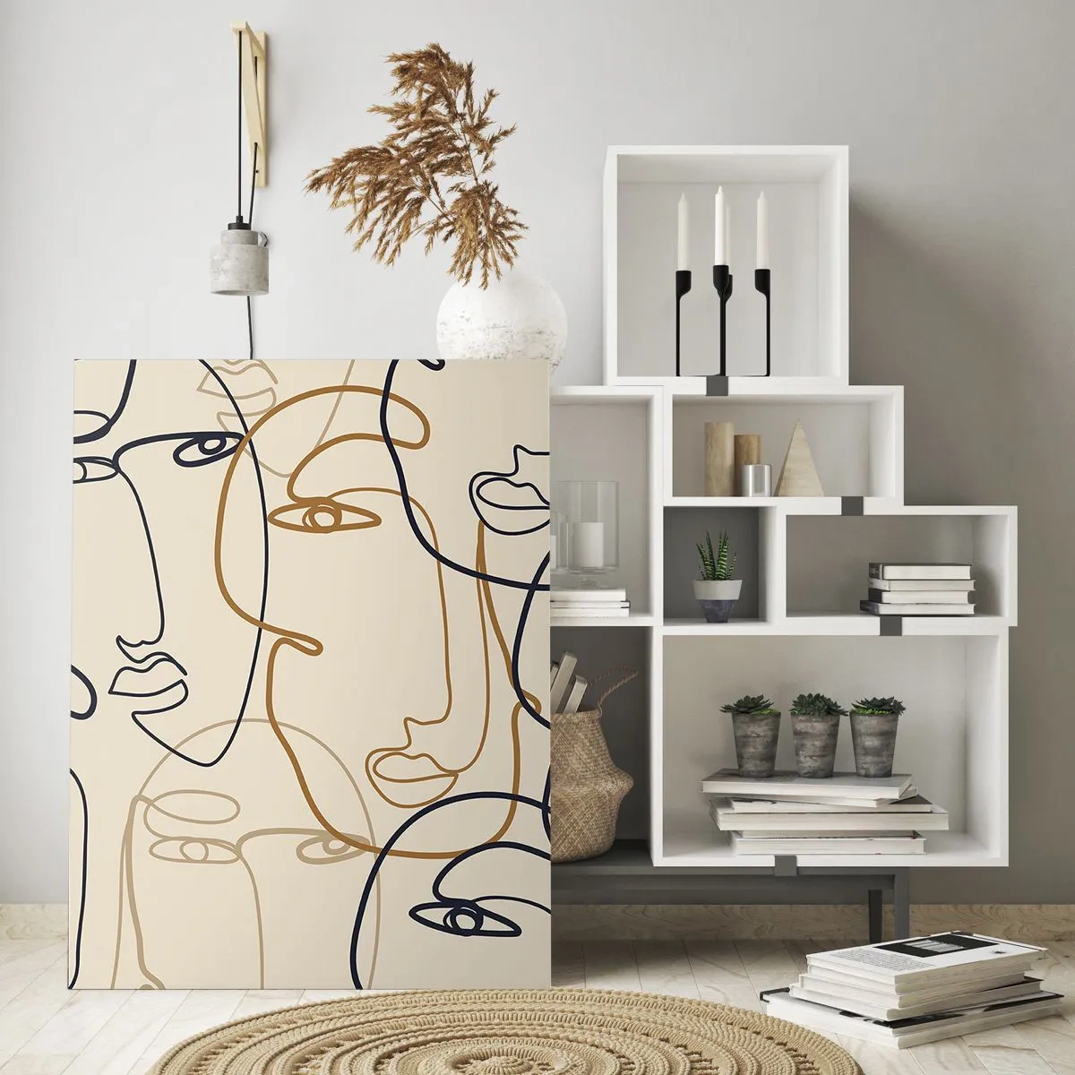Impression sur verre - Image sur verre - Visages contournés dessinés d'un seul trait sur beige - 50x70cm - Portrait multiplié - Décoration murale moderne pour le salon et la chambre ARTTOR