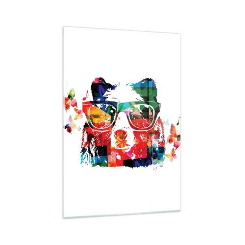 Impression sur verre - Image sur verre - Ours coloré avec des lunettes avec des papillons et des notes de musique - 70x100cm - Ca plait au chien! - Décoration murale moderne pour le salon et la chambre ARTTOR