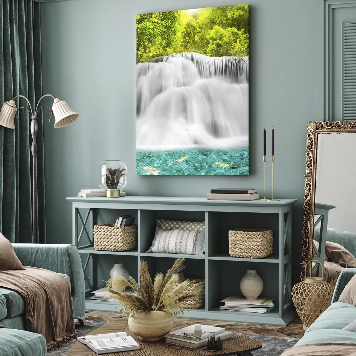 Impression sur toile - Image sur toile - Une cascade dans une forêt tropicale avec de l'eau turquoise - 70x100cm - Une cascade mousseuse du vert à l'azur - Décoration murale moderne pour le salon et la chambre ARTTOR