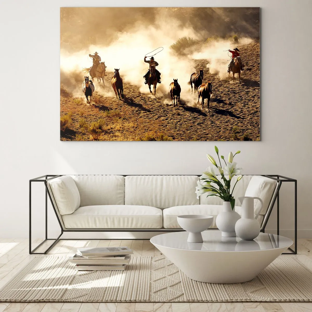Impression sur verre - Image sur verre - Cowboys à cheval dans la poussière lors d'un rodéo - 100x70cm - L'ouest vraiment sauvage - Décoration murale moderne pour le salon et la chambre ARTTOR