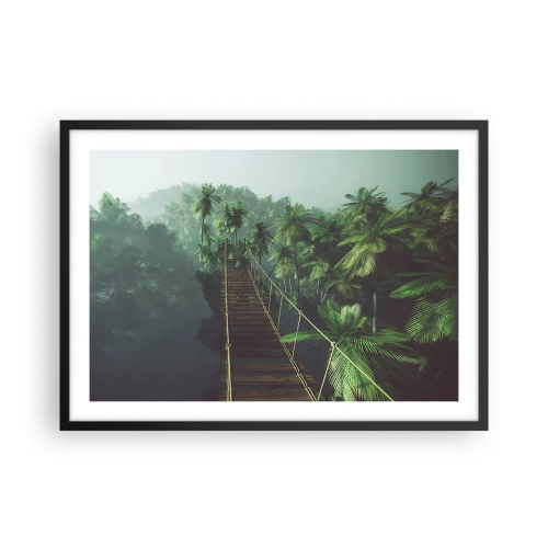 Affiche dans un cadre noir - Poster - Un pont suspendu dans une forêt tropicale entourée de brouillard. - 70x50cm - Au fil de la verdure - Décoration murale moderne pour le salon et la chambre ARTTOR