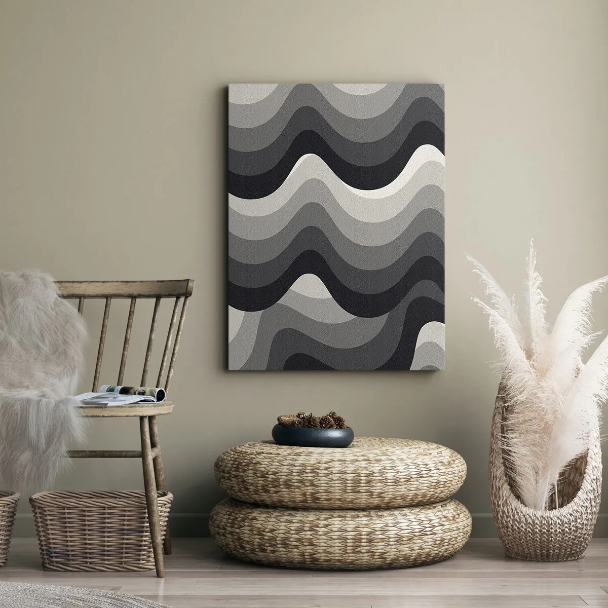 Impression sur toile - Image sur toile - Motifs ondulés noirs et blancs dans des tons de gris - 50x70cm - Vague après vague - Décoration murale moderne pour le salon et la chambre ARTTOR