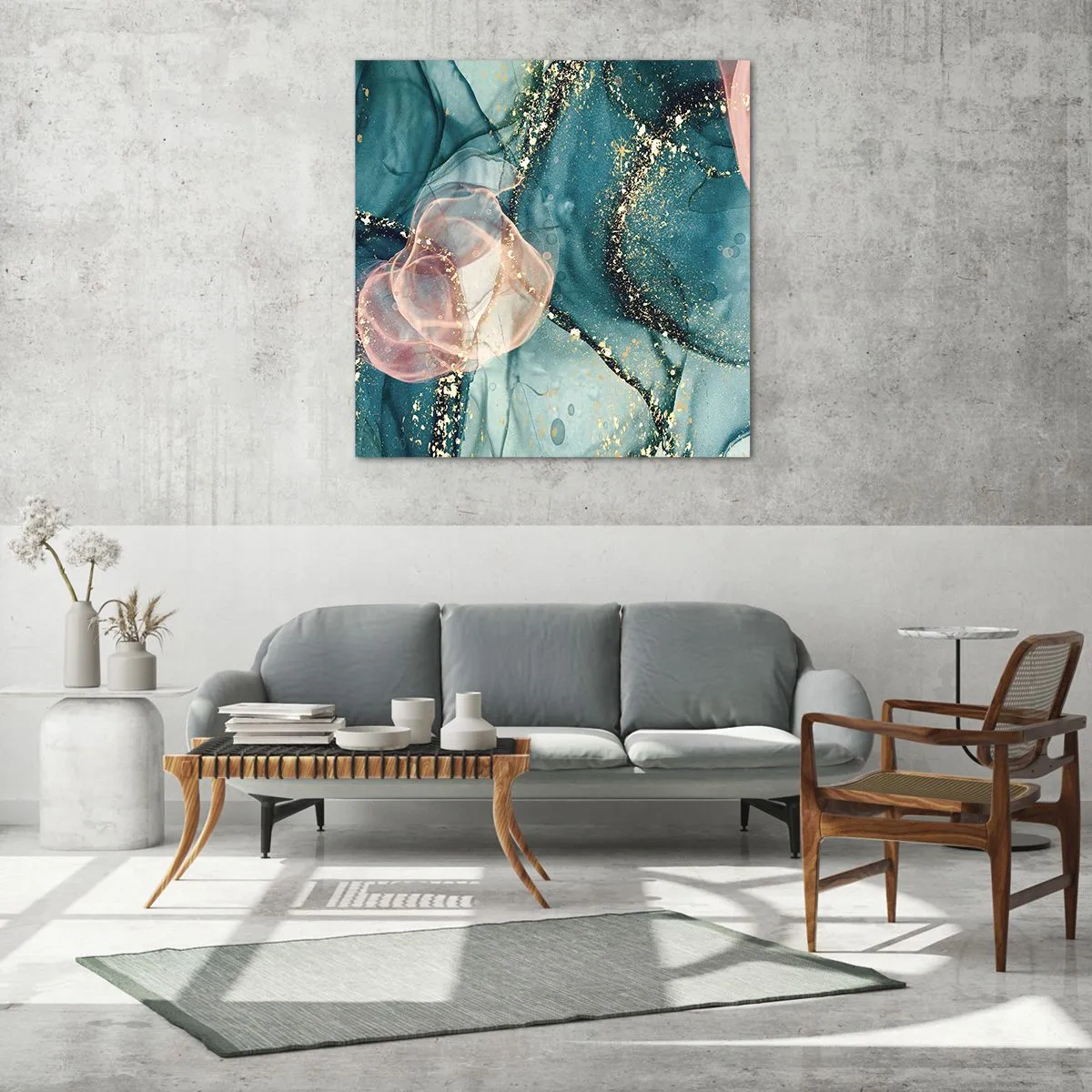 Impression sur verre - Image sur verre - Soie bleu, tulle rose - 60x60 cm