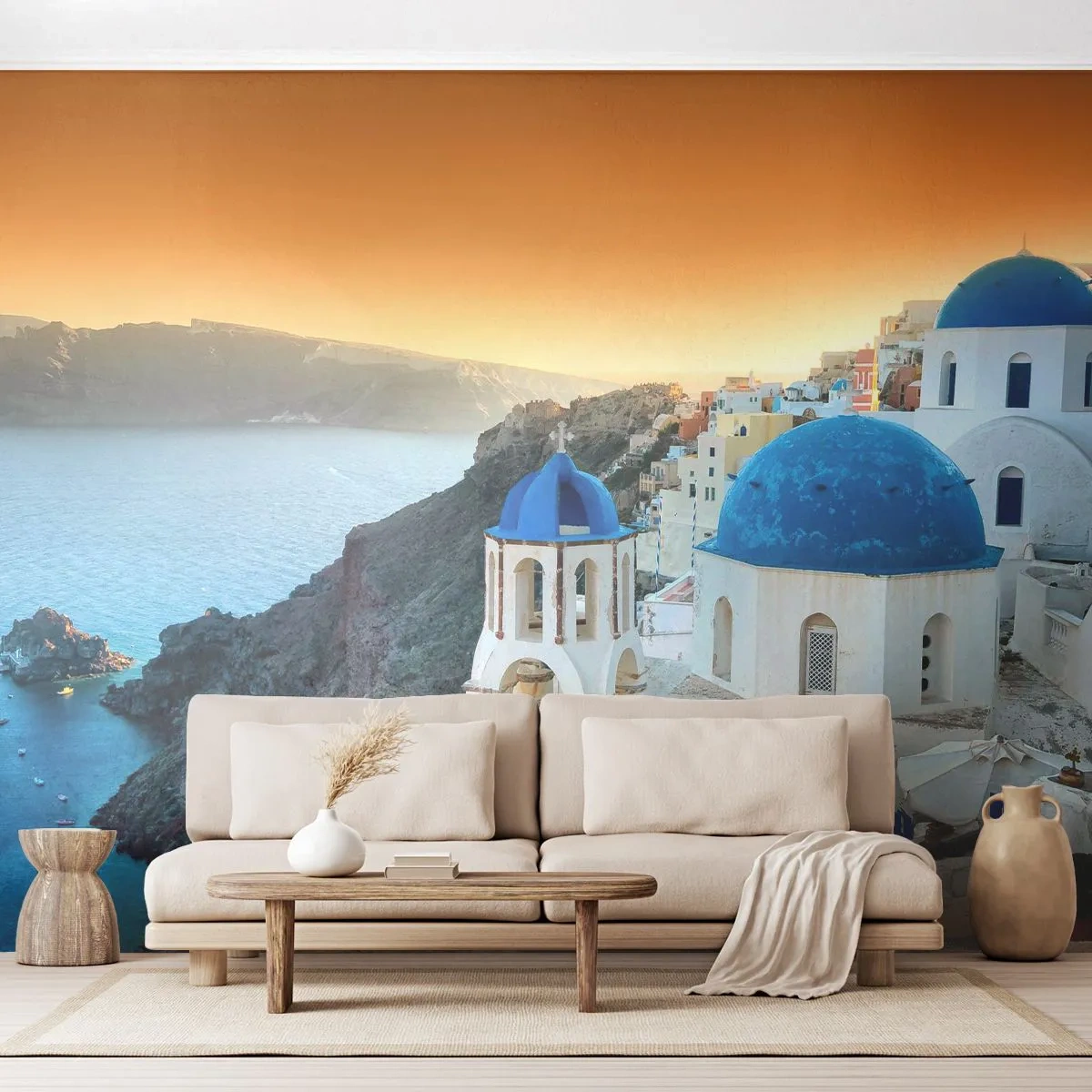 Papier Peint Photo Premium Sand - Bâtiments blancs avec des dômes bleus sur les falaises - 100x70cm - Santorin - blotti contre les rochers - Décoration murale moderne pour le salon et la chambre ARTTOR
