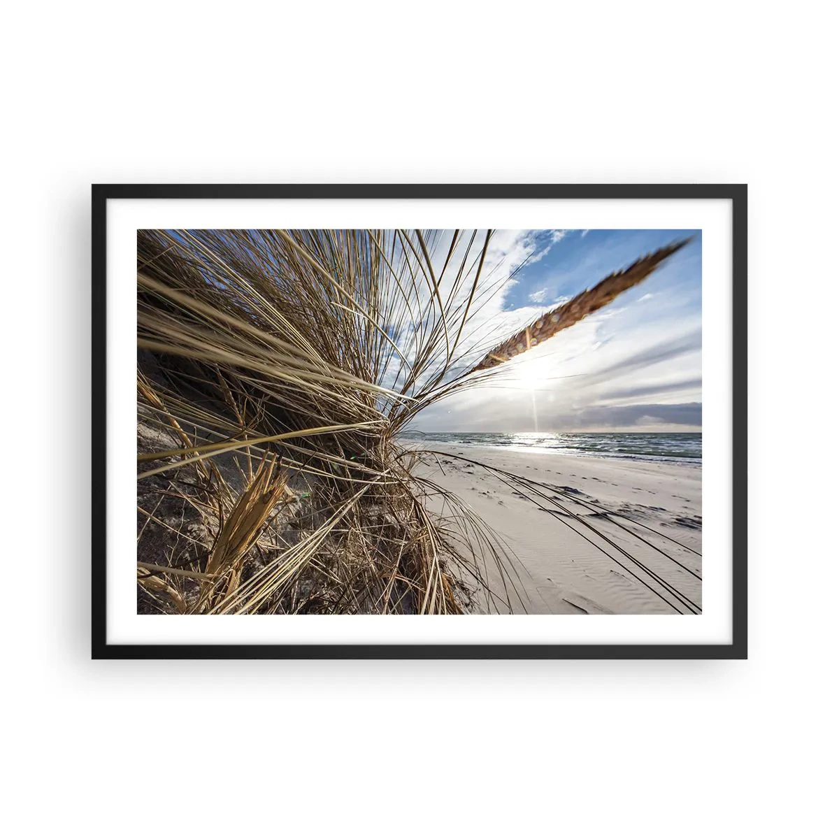 Affiche dans un cadre noir - Poster - Une plage avec de l'herbe sèche sur les dunes et une vue sur la mer - 70x50cm - Rencontre des éléments - Décoration murale moderne pour le salon et la chambre ARTTOR