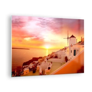 Impression sur verre - Image sur verre - Coucher de soleil sur Santorin avec des bâtiments blancs et un moulin à vent - 70x50cm - Fondre en blanc et or - Décoration murale moderne pour le salon et la chambre ARTTOR