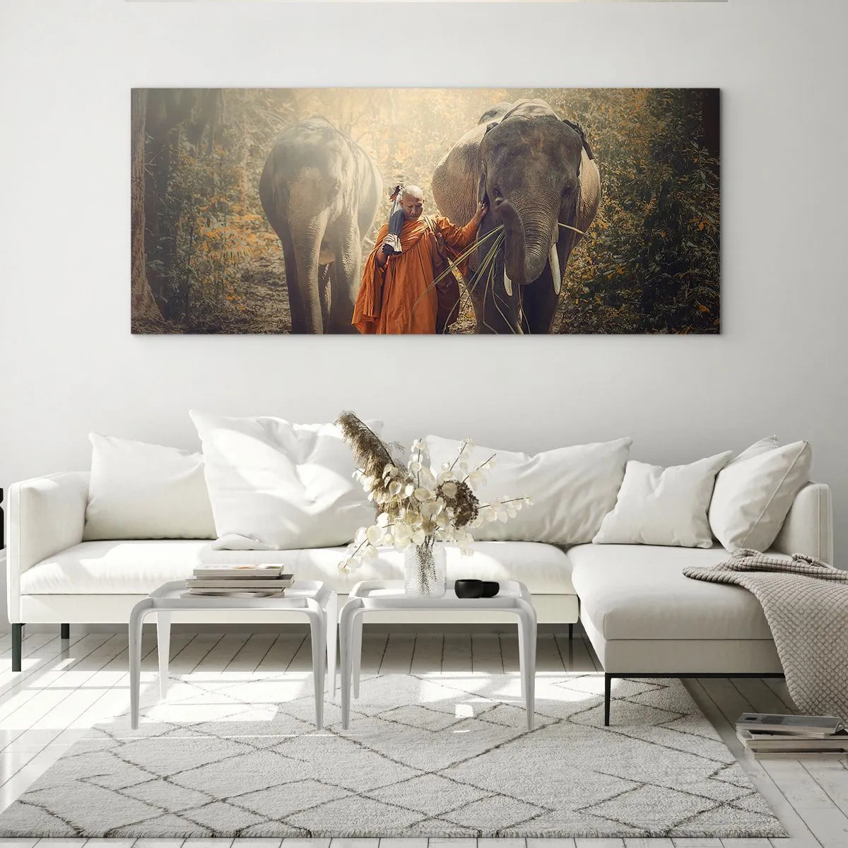Impression sur verre - Image sur verre - Un moine en robe orange conduit un éléphant dans la forêt. - 140x50cm - Compréhension totale - Décoration murale moderne pour le salon et la chambre ARTTOR