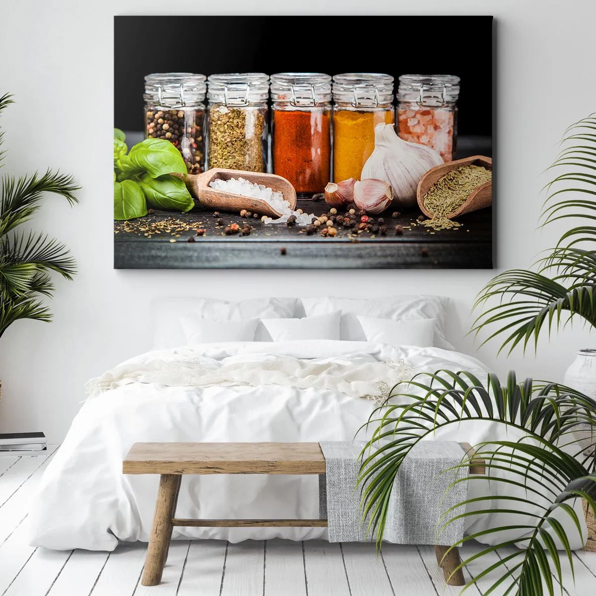 Impression sur toile - Image sur toile - Herbes et épices dans des bocaux en verre sur fond sombre - 100x70cm - Pour que la vie ait du goût - Décoration murale moderne pour le salon et la chambre ARTTOR