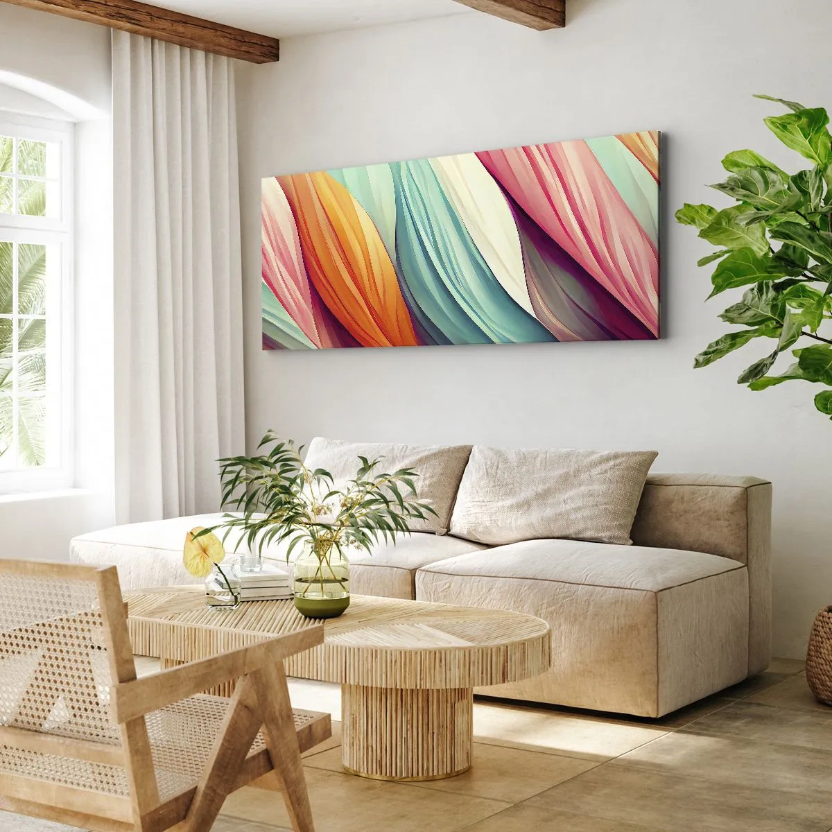 Impression sur toile - Image sur toile - Lignes abstraites aux couleurs pastel et vibrantes - 140x50cm - Tissage arc-en-ciel - Décoration murale moderne pour le salon et la chambre ARTTOR