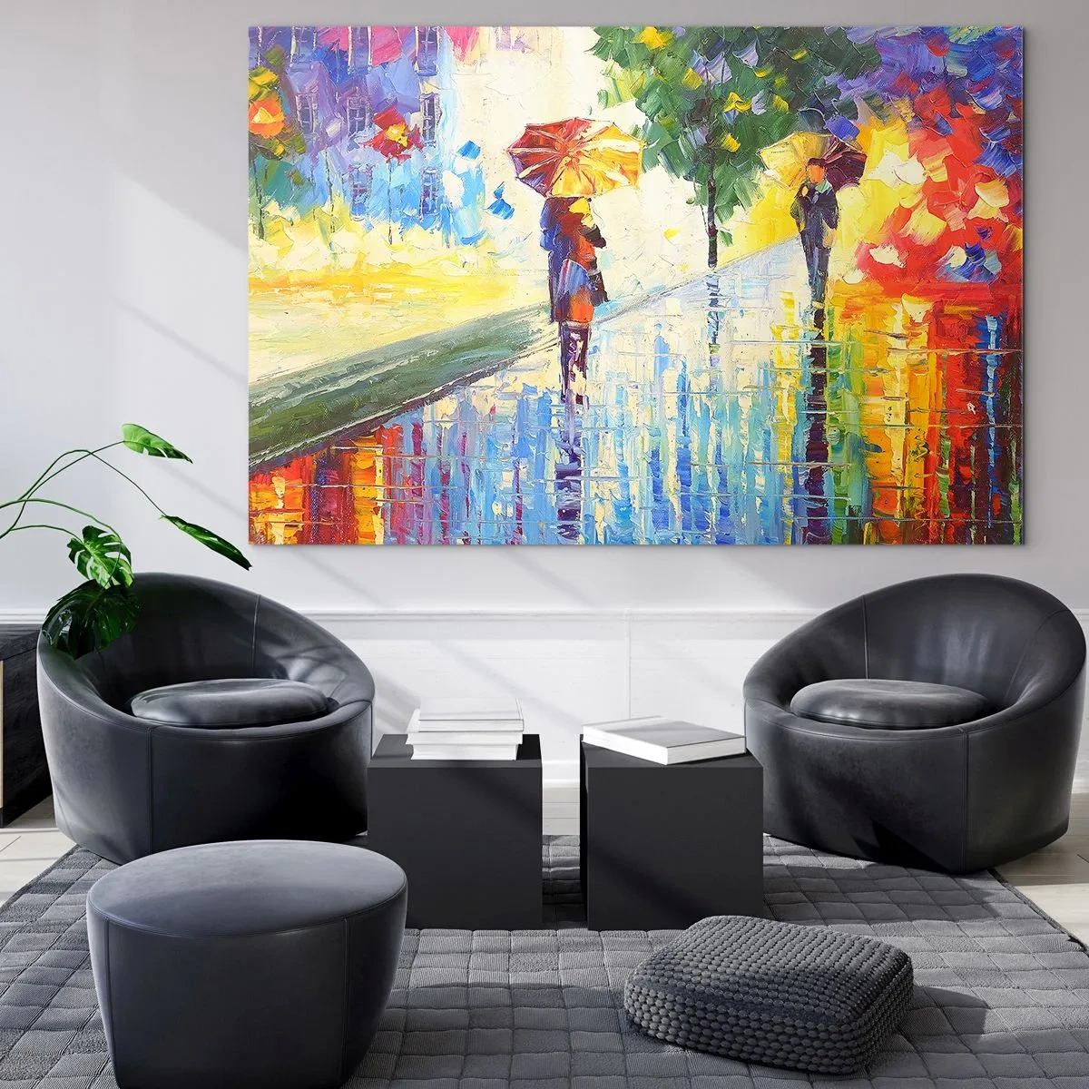 Impression sur verre - Image sur verre - Une promenade colorée sous la pluie avec un parapluie impressionniste - 70x50cm - Et tout est clair - Décoration murale moderne pour le salon et la chambre ARTTOR