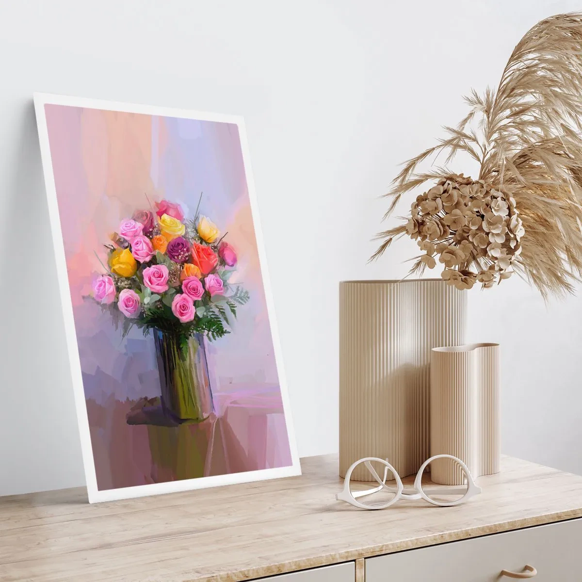 Affiche - Poster - Un bouquet de roses et de fleurs dans un vase en verre - 50x70cm - Beauté conservée - Décoration murale moderne pour le salon et la chambre ARTTOR