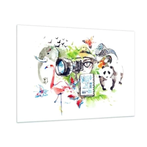 Impression sur verre - Image sur verre - Illustration d'un photographe avec un appareil photo et des animaux - 100x70cm - Dans l'objectif d'un voyageu - Décoration murale moderne pour le salon et la chambre ARTTOR