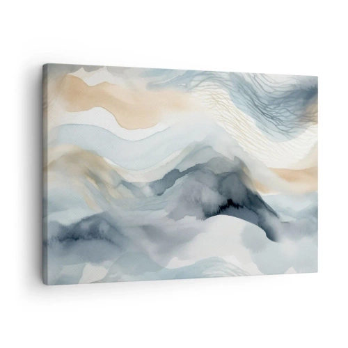 Impression sur toile - Image sur toile - Une abstraction délicate avec un motif de montagne dans des tons pastel. - 70x50cm - Abstraction enneigée et brumeuse - Décoration murale moderne pour le salon et la chambre ARTTOR
