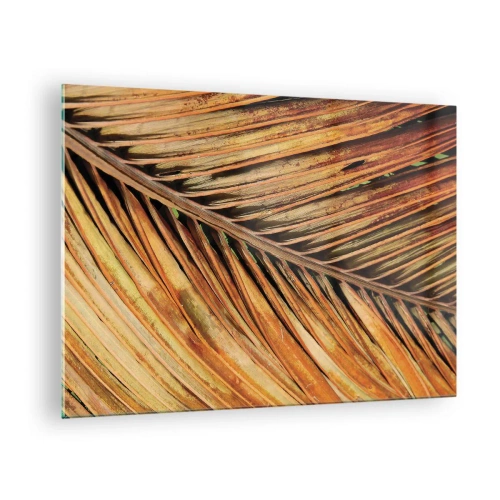 Impression sur verre - Image sur verre - Gros plan de feuilles de palmier sèches et dorées - 70x50cm - Or de noix de coco - Décoration murale moderne pour le salon et la chambre ARTTOR