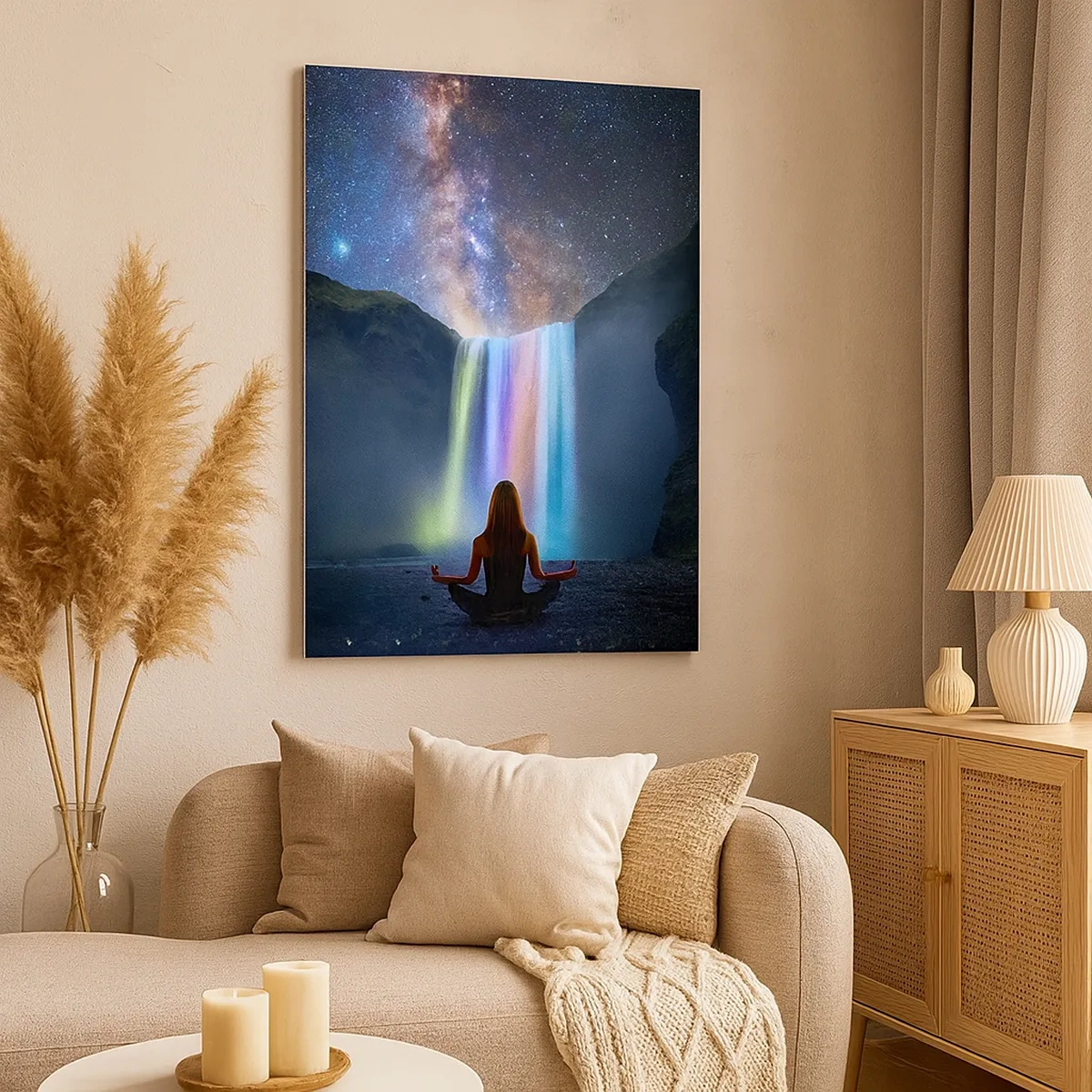 Impression sur toile - Image sur toile - Méditation devant une cascade parmi les étoiles - 50x70cm - Harmonie absolue - Décoration murale moderne pour le salon et la chambre ARTTOR