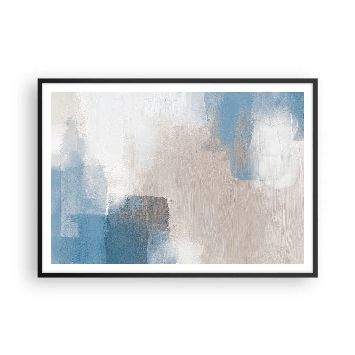 Affiche dans un cadre noir - Poster - Formes abstraites dans les tons de bleu et de beige - 100x70cm - Abstraction rose derrière un rideau de bleu - Décoration murale moderne pour le salon et la chambre ARTTOR