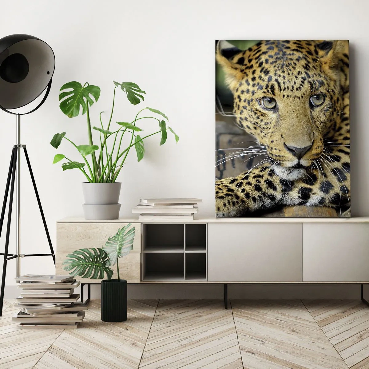 Impression sur toile - Image sur toile - Portrait d'un léopard dans son environnement naturel - 80x120cm - N'aie pas peur, viens - Décoration murale moderne pour le salon et la chambre ARTTOR