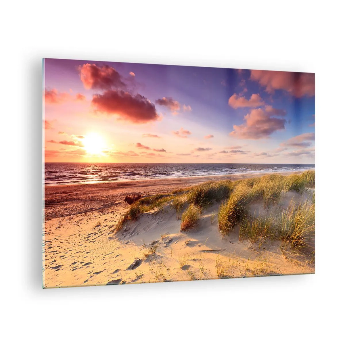 Impression sur verre - Image sur verre - Plage avec dunes au coucher du soleil - 70x50cm - L'air sent déjà l'été - Décoration murale moderne pour le salon et la chambre ARTTOR