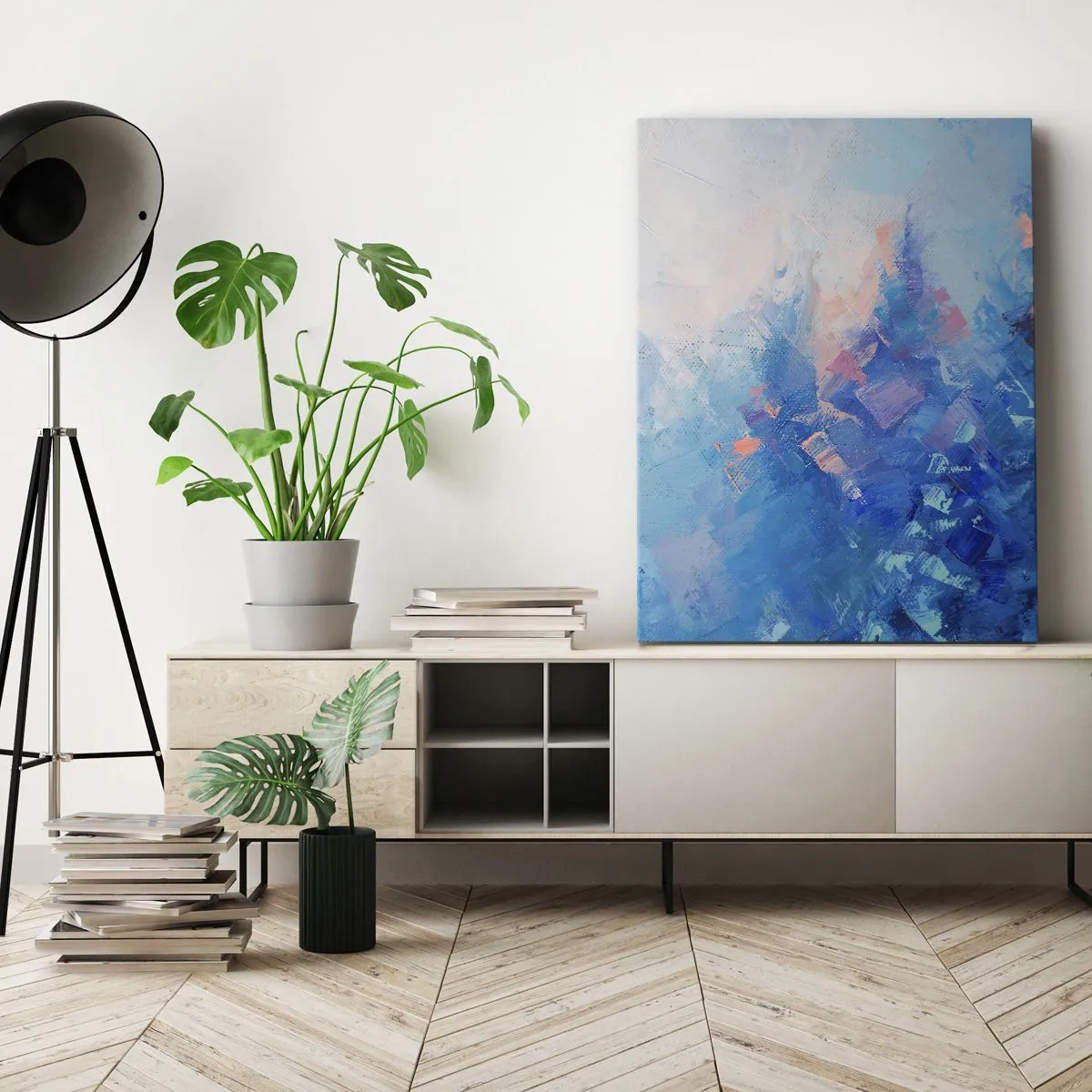 Impression sur toile - Image sur toile - Composition abstraite dans les tons de bleu et de rose - 70x100cm - Abstraction hivernale - Décoration murale moderne pour le salon et la chambre ARTTOR