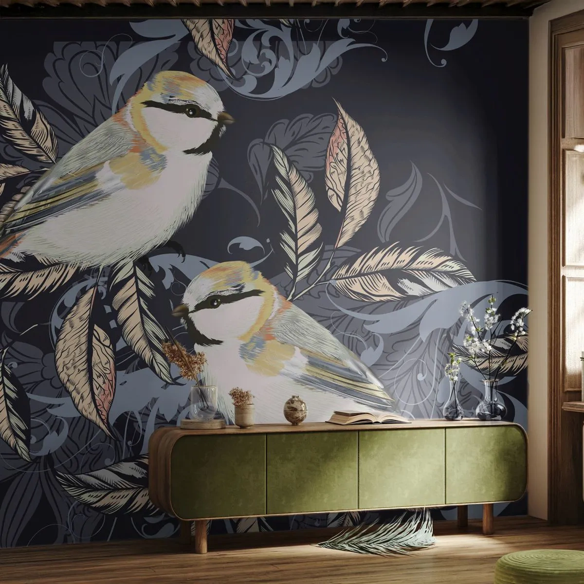 Papier Peint Photo Premium Sand - Babillement jaune et bleu - Abstraction, Des oiseaux, Feuilles - 250x175 cm