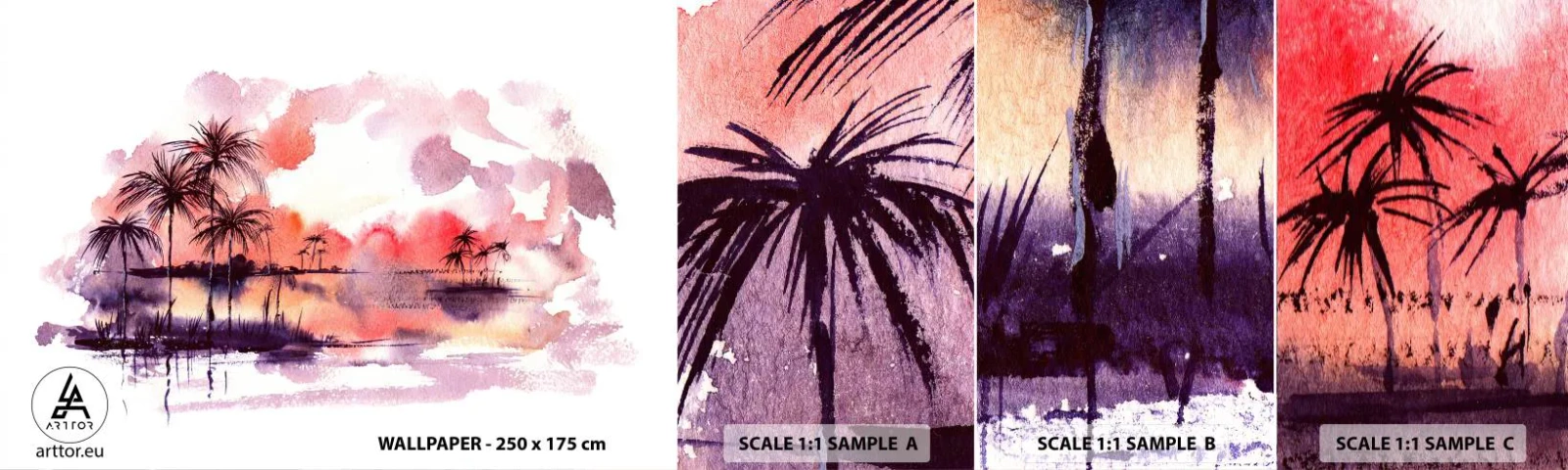 Échantillon de Papier Peint Autocollant Deluxe Sticker - La tranquillité des tropiques en rouge - Paysage, Cocotier, Graphique - 100x30 cm
