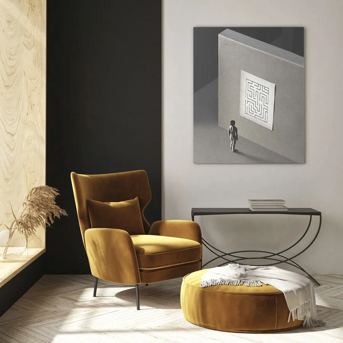 Impression sur verre - Image sur verre - Enfant dans un labyrinthe avec un symbole d'énigme - 50x70cm - Mais où suis-je? - Décoration murale moderne pour le salon et la chambre ARTTOR