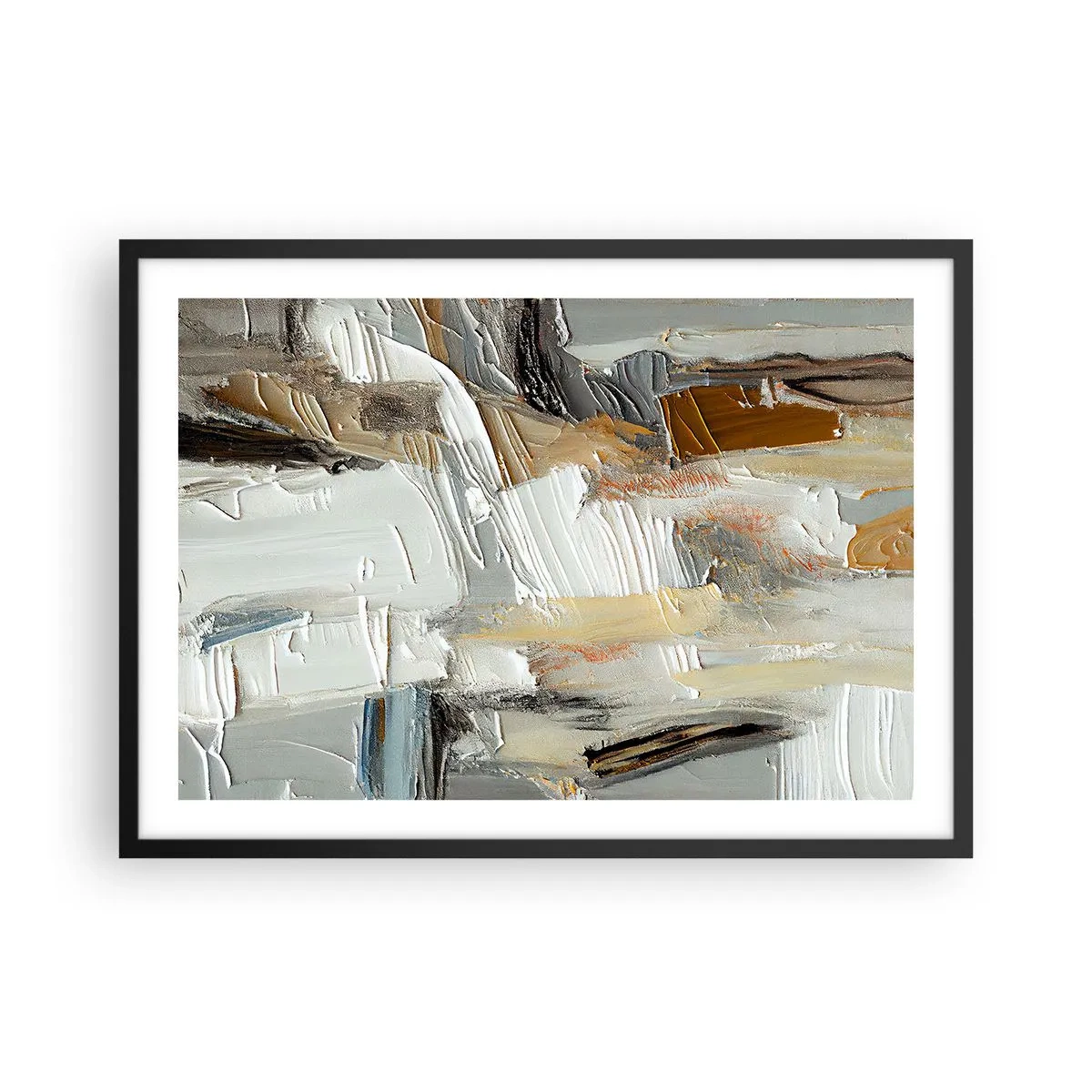 Affiche dans un cadre noir - Poster - Abstraction texturale dans des tons terre et blanc - 70x50cm - Couches colorées - Décoration murale moderne pour le salon et la chambre ARTTOR