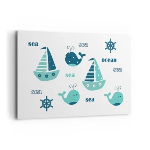 Impression sur toile - Image sur toile - Charmants motifs nautiques avec des baleines et des voiliers - 120x80cm - À travers les mers et les océans - Décoration murale moderne pour le salon et la chambre ARTTOR