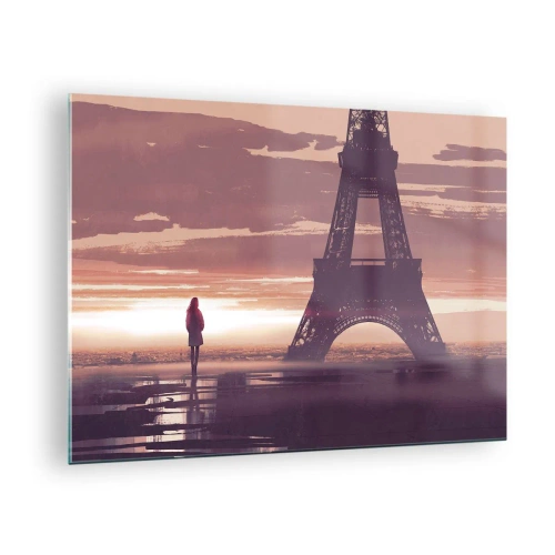 Impression sur verre - Image sur verre - La Tour Eiffel au coucher du soleil avec la silhouette d'une personne - 70x50cm - Seulement deux d'entre eux - Décoration murale moderne pour le salon et la chambre ARTTOR