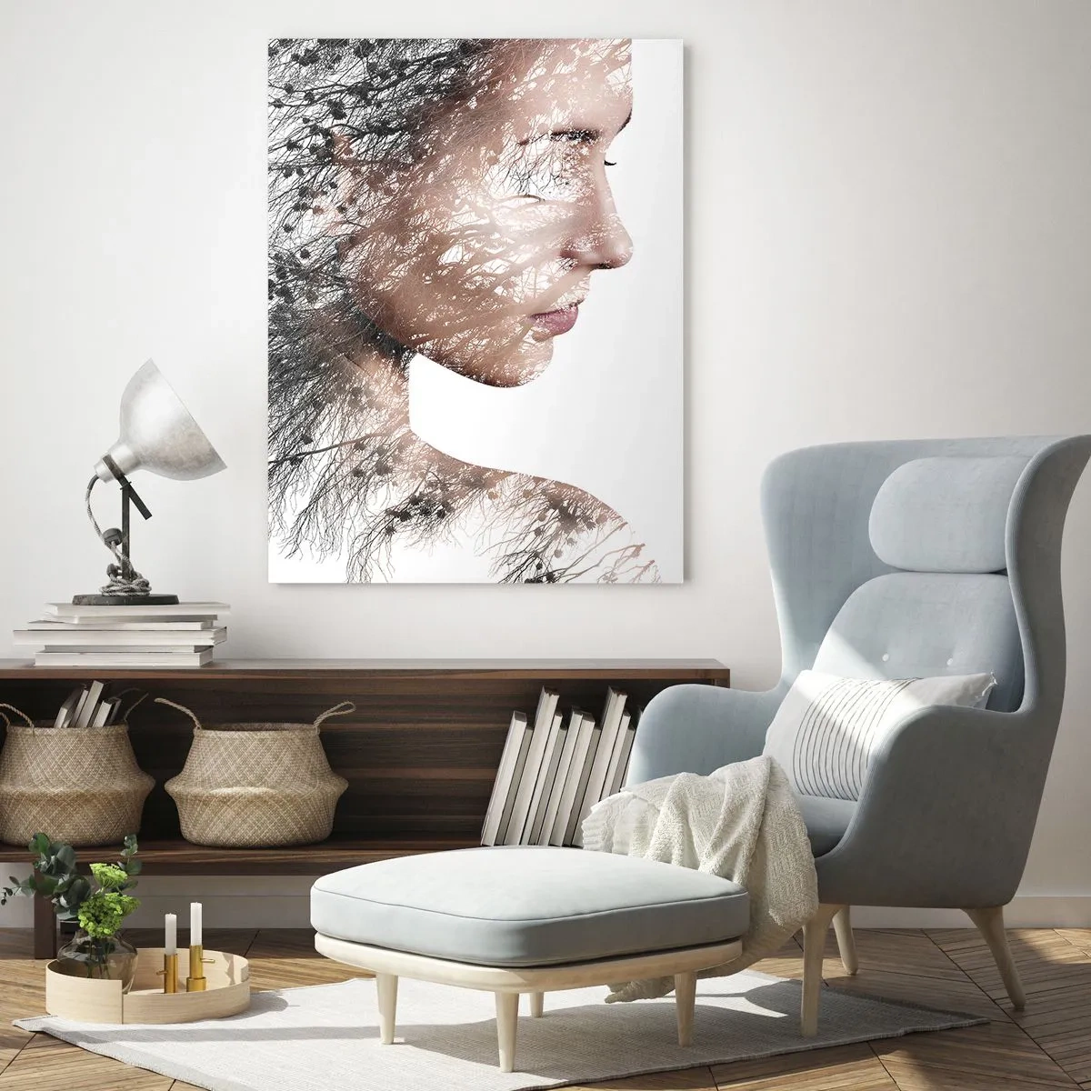 Impression sur verre - Image sur verre - Silhouette d'une femme avec un motif de branche et d'oiseau en arrière-plan - 80x120cm - L'âme de la forêt - Décoration murale moderne pour le salon et la chambre ARTTOR