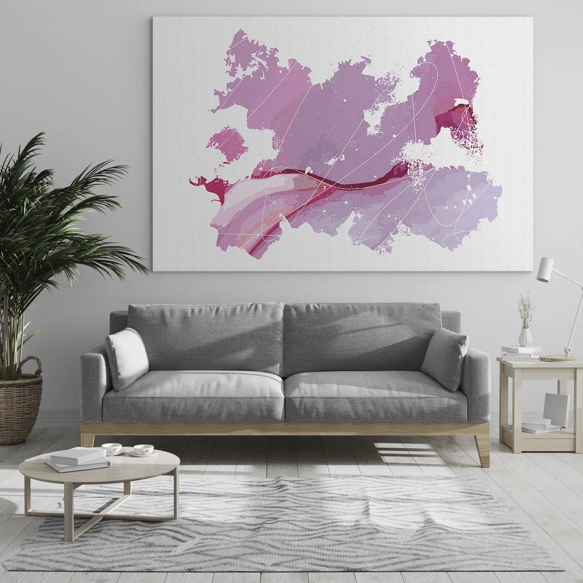 Impression sur verre - Image sur verre - Carte abstraite dans les tons de rose et de violet sur fond blanc - 100x70cm - Carte du monde rose - Décoration murale moderne pour le salon et la chambre ARTTOR