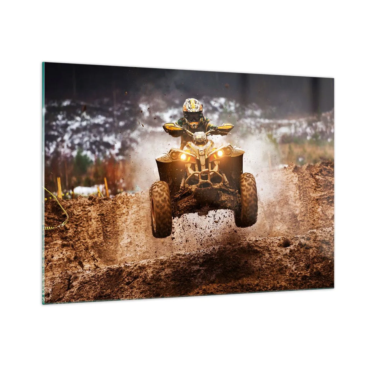Impression sur verre - Image sur verre - Quad en action sur terrain boueux dans un environnement dynamique - 100x70cm - No risk no fun - Décoration murale moderne pour le salon et la chambre ARTTOR