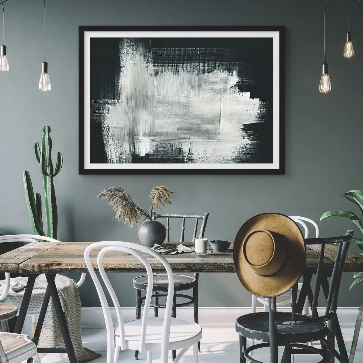 Affiche dans un cadre noir - Poster - Traits abstraits blancs sur fond sombre - 70x50cm - Tissé à la verticale et à l'horizontale - Décoration murale moderne pour le salon et la chambre ARTTOR