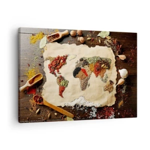 Impression sur toile - Image sur toile - Une carte du monde faite d'épices sur un fond en bois. - 70x50cm - Toutes les saveurs du monde - Décoration murale moderne pour le salon et la chambre ARTTOR