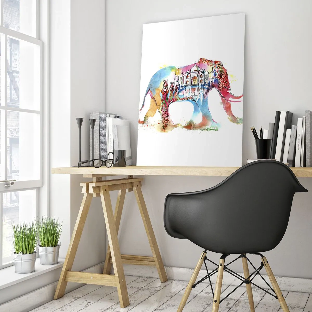 Impression sur verre - Image sur verre - Aquarelle colorée d'un éléphant avec un motif du Taj Mahal - 70x100cm - Inde - l'aura de l'amour - Décoration murale moderne pour le salon et la chambre ARTTOR