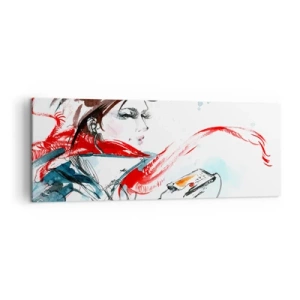 Impression sur toile - Image sur toile - Une femme portant un foulard rouge avec des traits d'aquarelle dynamiques - 140x50cm - Quelque chose se passe en moi - Décoration murale moderne pour le salon et la chambre ARTTOR