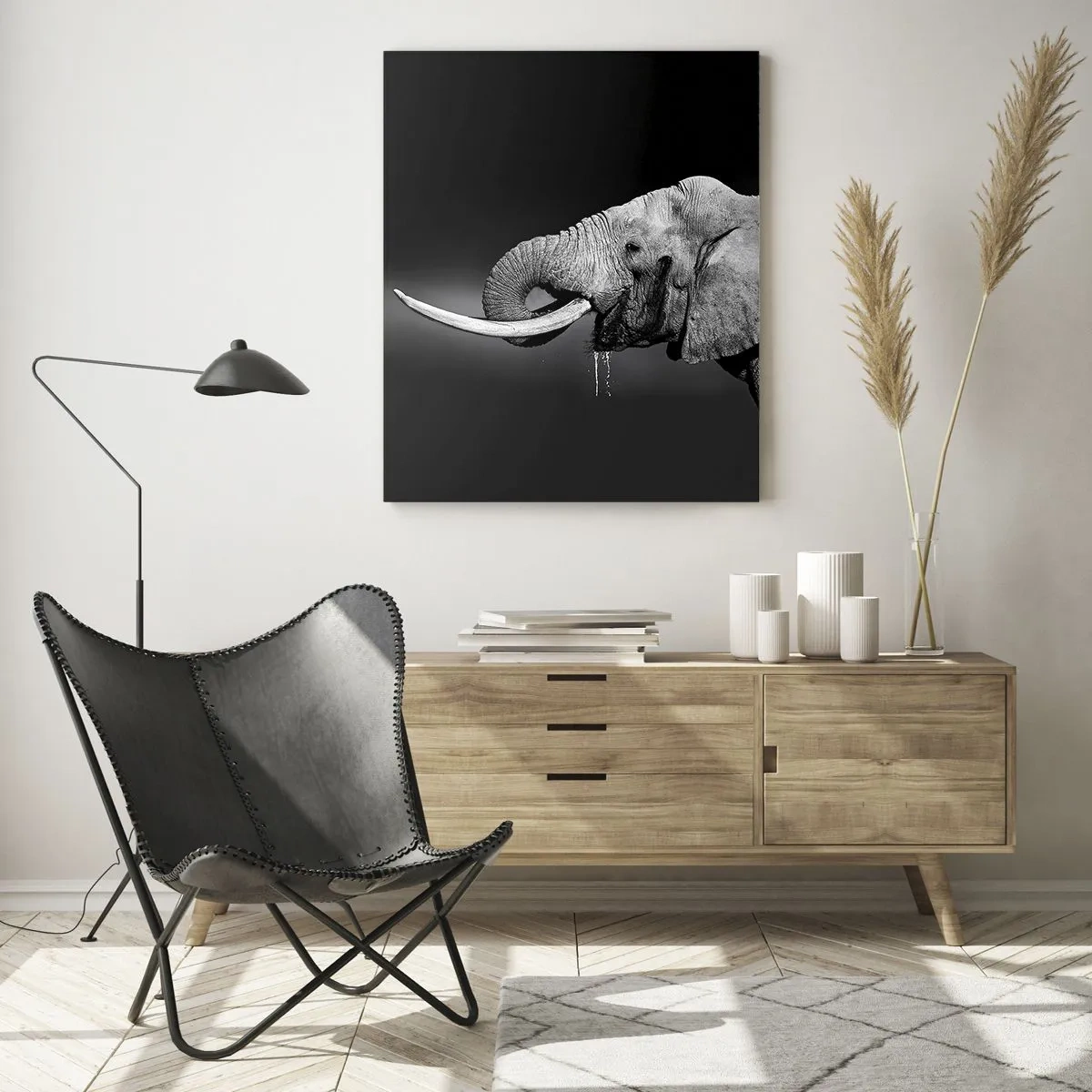 Impression sur verre - Image sur verre - Portrait noir et blanc d'un éléphant de profil - 80x120cm - Oui, c'est bon maintenant - Décoration murale moderne pour le salon et la chambre ARTTOR