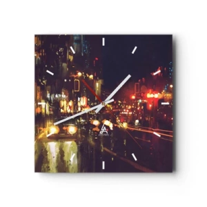 Horloge murale - Pendule murale - Scène de ville nocturne avec des lumières colorées et des reflets dans la rue - 30x30cm - Immergé dans les lumières de la nuit - Décoration murale moderne pour le salon et la chambre ARTTOR