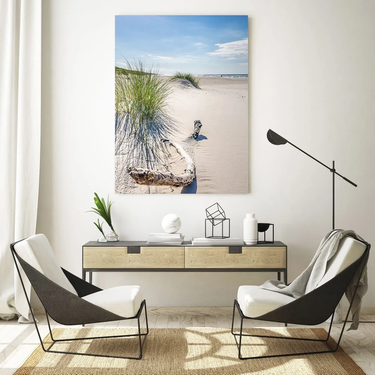 Impression sur verre - Image sur verre - Une plage baltique avec du sable, de l'herbe et un ciel bleu calme - 80x120cm - La plus belle? La Baltique - Décoration murale moderne pour le salon et la chambre ARTTOR