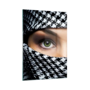 Impression sur verre - Image sur verre - Yeux verts entourés d'un motif noir et blanc - 50x70cm - Un portrait d'une beauté voilée aux yeux verts - Décoration murale moderne pour le salon et la chambre ARTTOR
