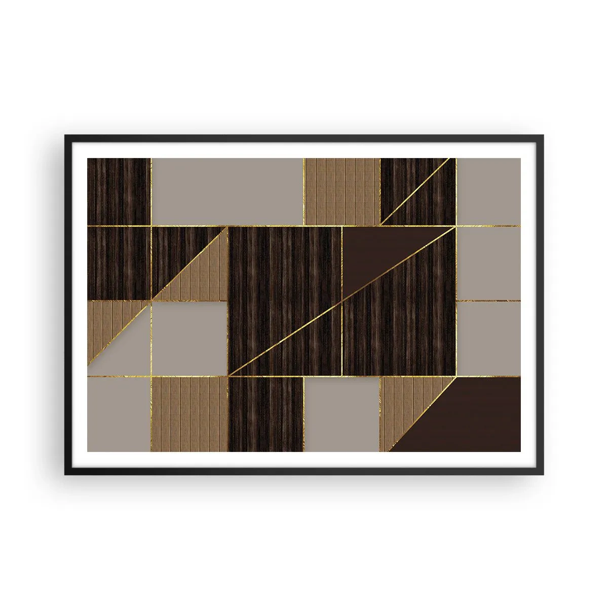 Affiche dans un cadre noir - Poster - Motifs géométriques dans les tons de marron avec des lignes dorées - 100x70cm - Mozaique de bronze et d'or - Décoration murale moderne pour le salon et la chambre ARTTOR