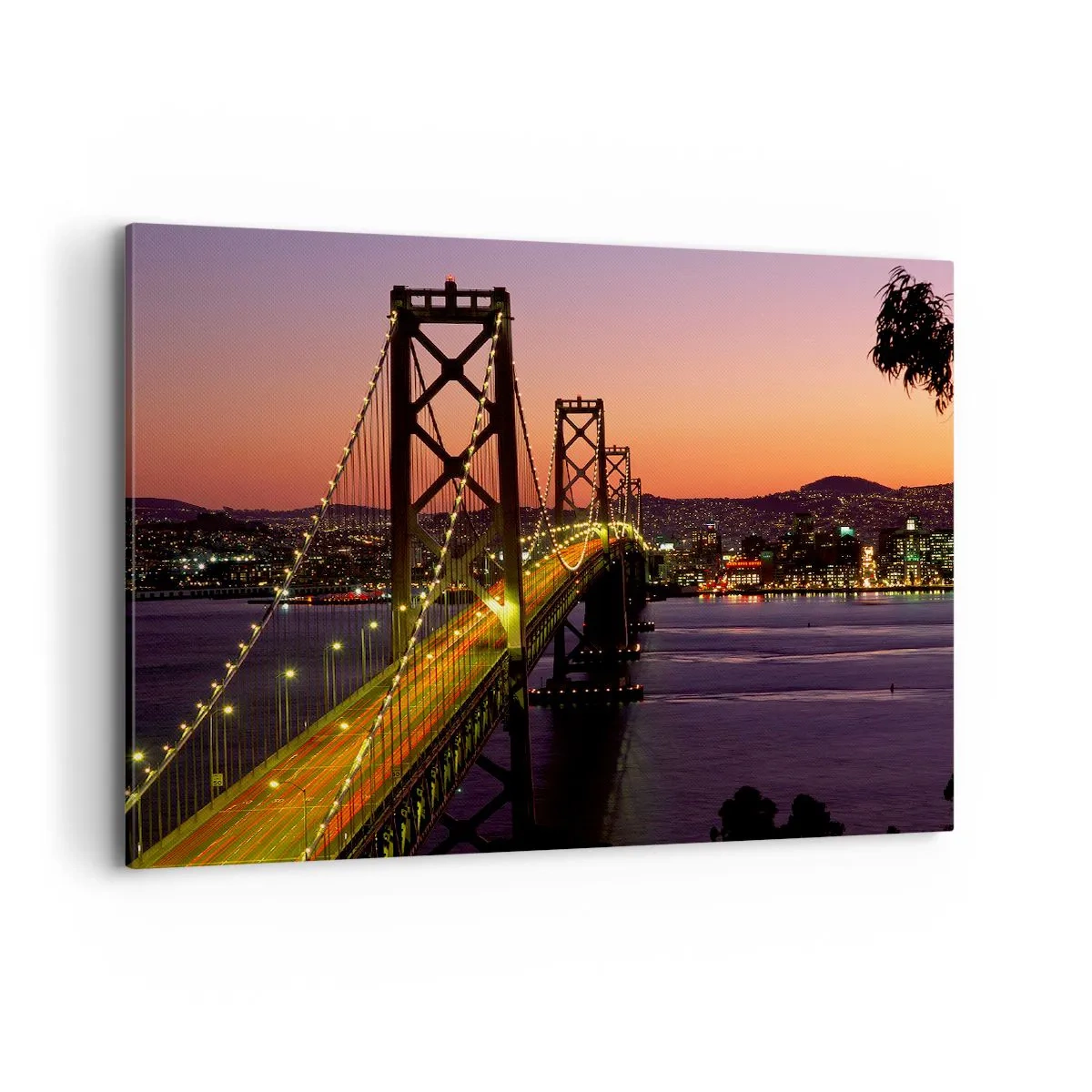 Impression sur toile - Image sur toile - Un pont illuminé la nuit au-dessus de l'eau avec une vue panoramique sur la ville - 100x70cm - Soirée violette - Décoration murale moderne pour le salon et la chambre ARTTOR