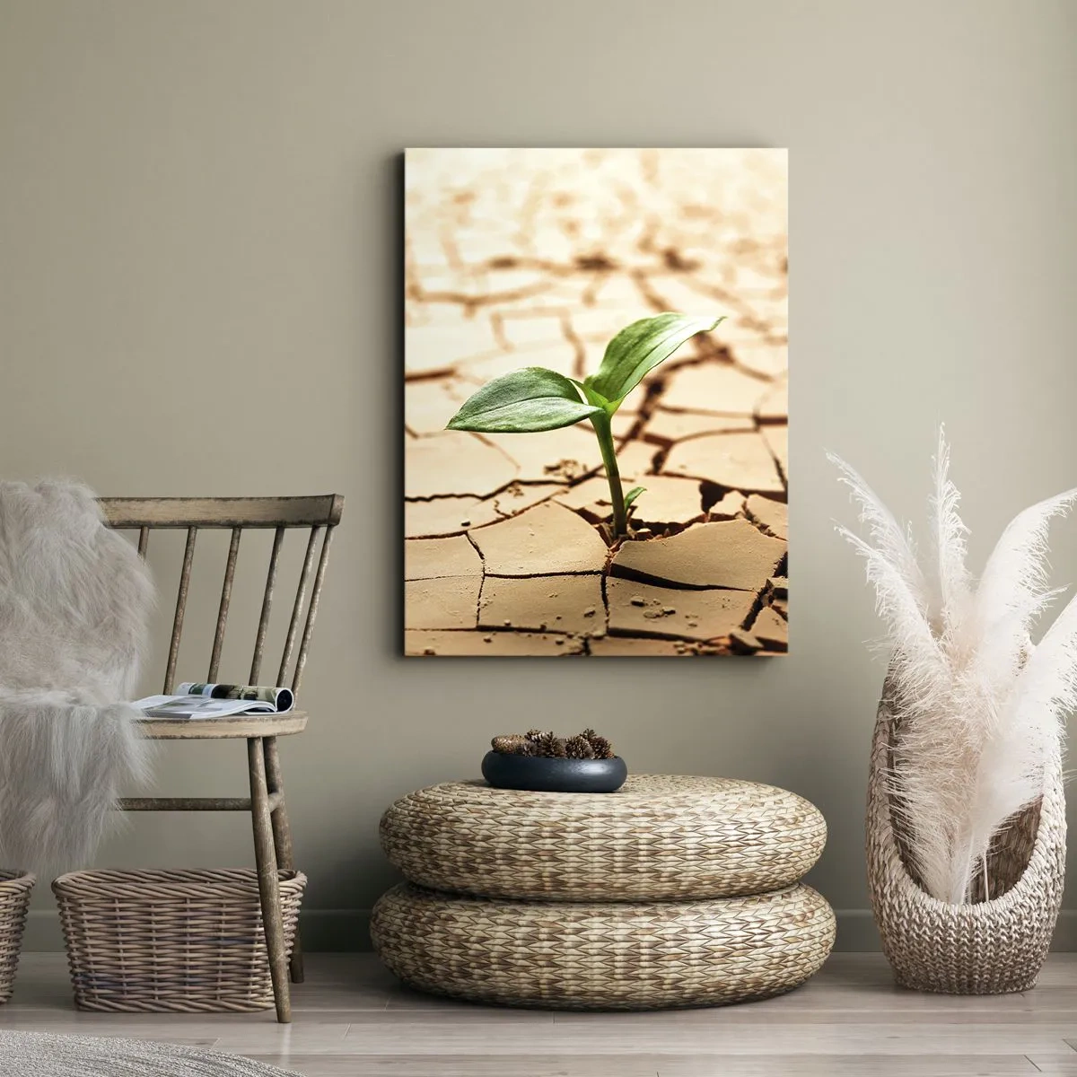 Impression sur toile - Image sur toile - Une plante verte poussant sur une terre sèche et craquelée - 80x120cm - La force indomptable de la vie - Décoration murale moderne pour le salon et la chambre ARTTOR