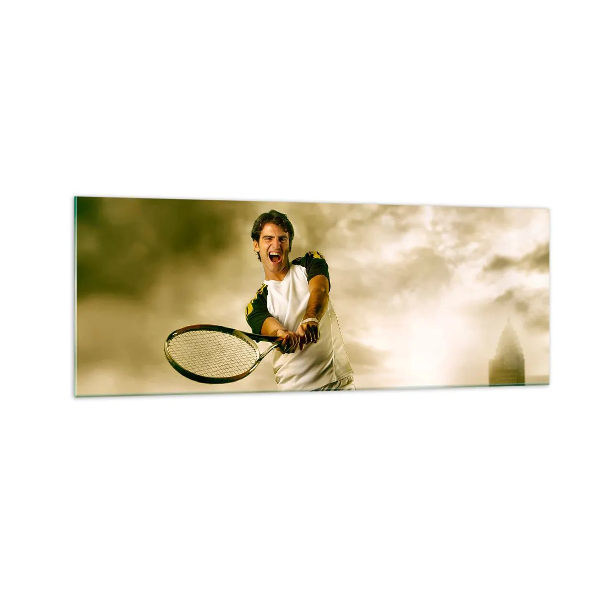 Impression sur verre - Image sur verre - Joueur de tennis en action lors d'un match avec en toile de fond un paysage urbain - 140x50cm - Énergie et joie - Décoration murale moderne pour le salon et la chambre ARTTOR